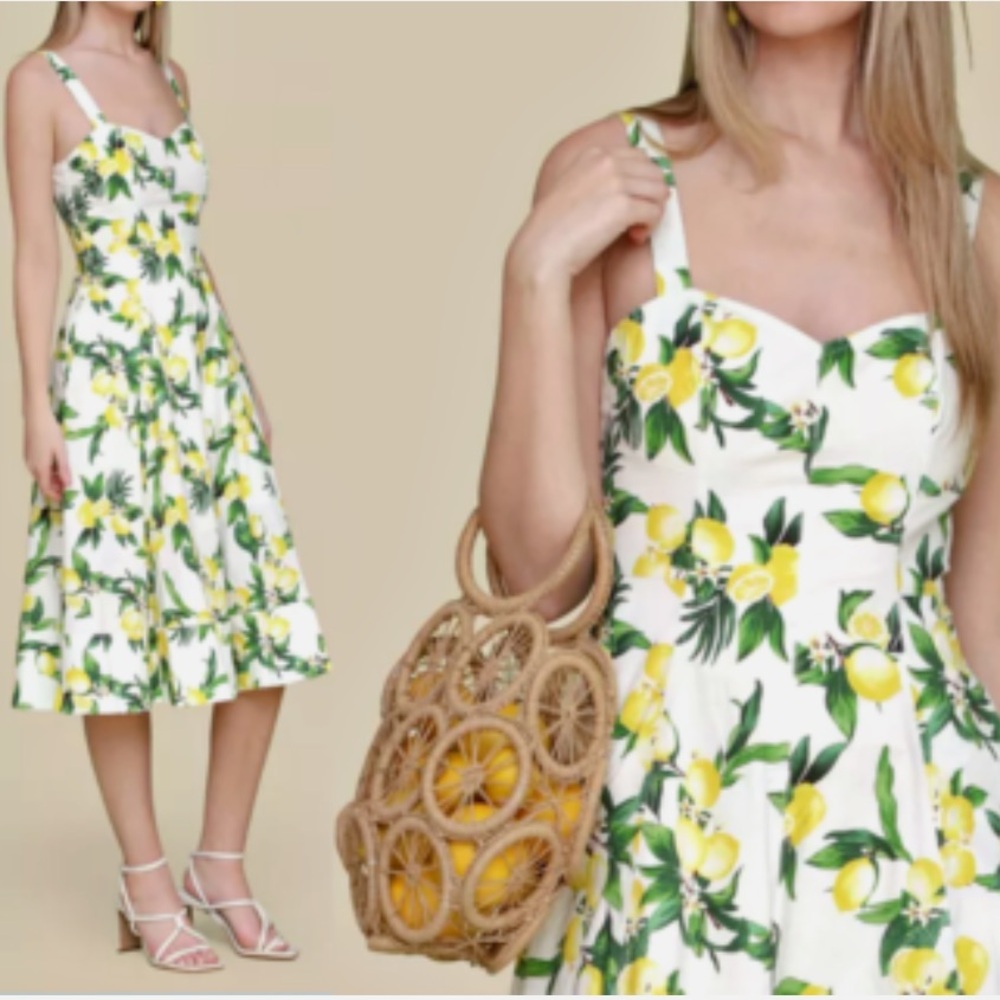 NWT Avec Les Filles Lemon Print Pockets Cotton-Blend Sweetheart Midi Dress 6 - Picture 3 of 8